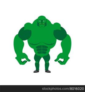 Green Goblin on a white background. Strong monster with large hands. Vector illustration of storybook troll&#xA;