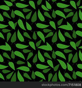 Green gorest leaves seamless pattern on black background. Design for fabric, textile print, wrapping paper, textile, restaurant menu. Vector illustration. Green gorest leaves seamless pattern on black background.