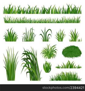 Green grass collection. Yard lawn border, herbal natural turf. Summer spring flora elements. Field silhouette plant, isolated vegetation neoteric vector set. Green lawn grass and meadow illustration. Green grass collection. Yard lawn border, herbal natural turf. Summer spring flora elements. Field silhouette plant, isolated vegetation neoteric vector set