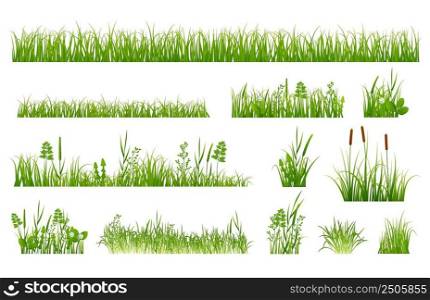 Green grass elements. Gardening elements, spring garden greeny meadow. Plants and weeds, reeds and flowers. Isolated nature exact vector set. Grass green for garden and botany. Green grass elements. Gardening elements, spring garden greeny meadow. Plants and weeds, reeds and flowers. Isolated nature exact vector set