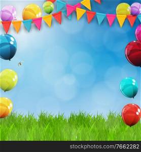 Green Grass Field and Blue Sky Background with Holiday Flags, balloons. Vector Illustration. EPS10. Green Grass Field and Blue Sky Background with Holiday Flags, balloons. Vector Illustratio