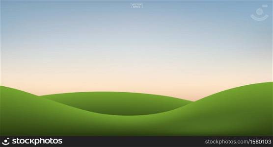 Green grass hill and sunset sky background. Outdoor natural background for template design. Vector illustration.