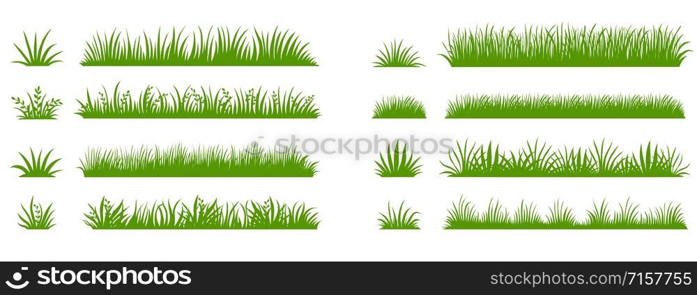 Green grass silhouette. Cartoon lines of plants and shrubs for boarding and framing, eco and organic logo element. Vector set spring field planting shapes lawn or borders garden on white background. Green grass silhouette. Cartoon lines of plants and shrubs for boarding and framing, eco and organic logo element. Vector set