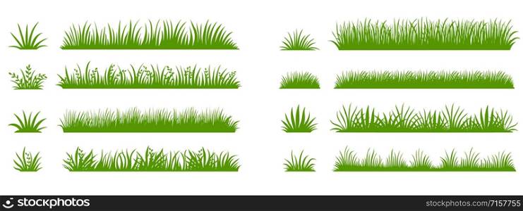 Green grass silhouette. Cartoon lines of plants and shrubs for boarding and framing, eco and organic logo element. Vector set spring field planting shapes lawn or borders garden on white background. Green grass silhouette. Cartoon lines of plants and shrubs for boarding and framing, eco and organic logo element. Vector set