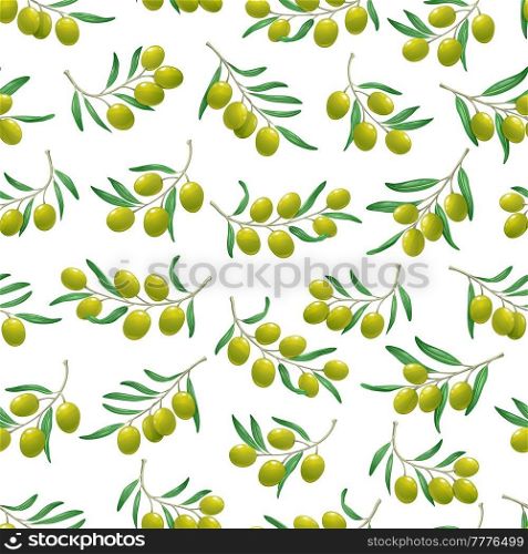 Green greek, italian olives branch seamless pattern. Floral vector background or wrapping paper, farm food fabric print or backdrop with olive tree branches with leaves and fruits. Green olives branch vector seamless pattern