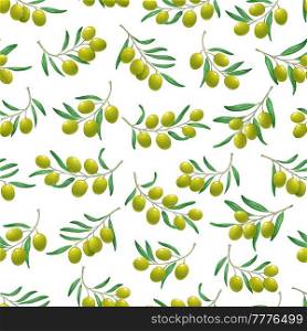 Green greek, italian olives branch seamless pattern. Floral vector background or wrapping paper, farm food fabric print or backdrop with olive tree branches with leaves and fruits. Green olives branch vector seamless pattern