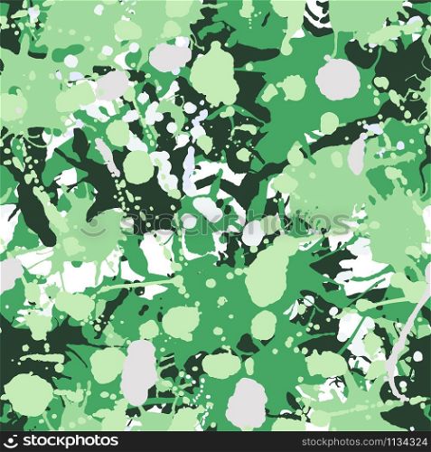 Green, grey, white, pink artistic ink paint splashes camouflage seamless vector pattern
