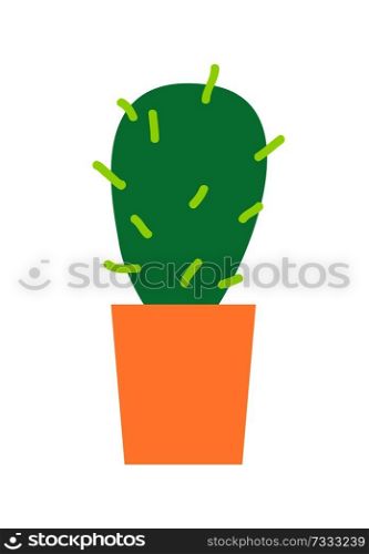 Green grown cactus with sharp spikes in clay pot isolated cartoon flat vector illustration on white background. Compact natural indoor decoration.. Green Grown Cactus with Sharp Spikes in Clay Pot