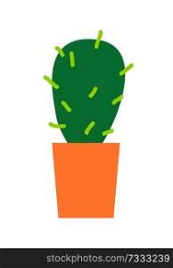 Green grown cactus with sharp spikes in clay pot isolated cartoon flat vector illustration on white background. Compact natural indoor decoration.. Green Grown Cactus with Sharp Spikes in Clay Pot