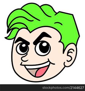 green haired boy head emoticon with a mocking face