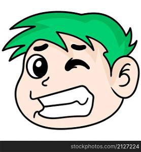 green haired male head emoticon with an expression of pain and fear