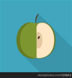 Green half apple icon in flat long shadow design.