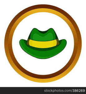 Green hat vector icon in golden circle, cartoon style isolated on white background. Green hat vector icon