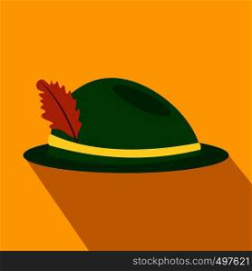 Green hat with a feather flat icon on a yellow background. Green hat with a feather flat icon