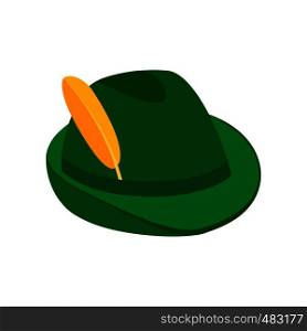 Green hat with a feather isometric 3d icon on a white background. Green hat with a feather isometric 3d icon