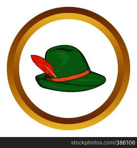 Green hat with a feather vector icon in golden circle, cartoon style isolated on white background. Green hat with a feather vector icon