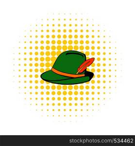 Green hat with feather icon in comics style on a white background. Green hat with feather icon, comics style