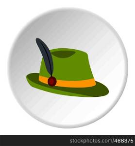 Green hat with feather icon in flat circle isolated vector illustration for web. Green hat with feather icon circle
