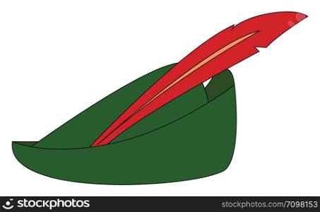 Green hat with feather, illustration, vector on white background.