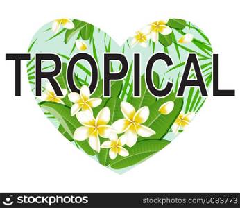Green heart of tropical palm leaves and flowers on a white background