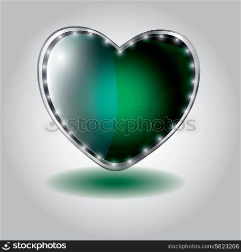 green heart shaped glass button. vector illustration on valentine`s day