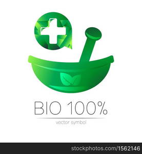 Green herbal bowl vector logotype. Concept symbol with cross in circle for medical, clinic, pharmacy business or shop. Nature design with leaf element. ECO label or logo. Traditional herbal therapy. Green herbal bowl vector logotype. Concept symbol with cross in circle for medical, clinic, pharmacy business or shop. Nature design with leaf element. ECO label or logo. Traditional herbal therapy.