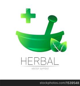 Green herbal bowl vector logotype with green leaf and cross. Concept symbol for medical, clinic, pharmacy business or shop. Nature design element. Creative ECO label logo. Traditional herbal therapy.. Green herbal bowl vector logotype with green leaf and cross. Concept symbol for medical, clinic, pharmacy business or shop. Nature design element. Creative ECO label logo. Traditional herbal therapy
