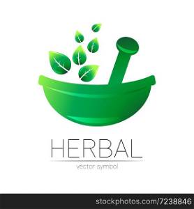 Green herbal bowl vector logotype with green leaves. Concept symbol for medical, clinic, pharmacy business or shop. Nature design element. Creative ECO label or logo. Traditional herbal therapy. Green herbal bowl vector logotype with green leaves. Concept symbol for medical, clinic, pharmacy business or shop. Nature design element. Creative ECO label or logo. Traditional herbal therapy.