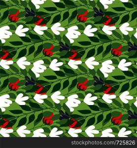 Green herbal leaves and wild berries seamless pattern , Fashion, interior, wrapping consept. Contemporary vector illustration on green background. Green herbal leaves and wild berries seamless pattern ,