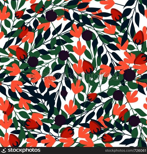 Green herbal leaves and wild berries seamless pattern , Fashion, interior, wrapping consept. Contemporary vector illustration on green background. Green herbal leaves seamless pattern , Fashion, interior, wrapping consept.