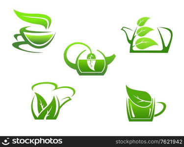 Green herbal tea cups isolated on white background