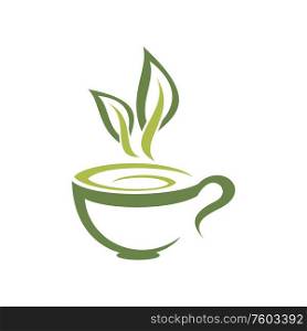 Green herbal tea isolated cup of hot drink. Vector melissa or mint hot beverage with leaves. Mint or melissa green floral tea isolated