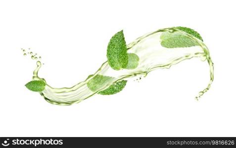Green herbal tea splash and drops with mint leaves. 3d vector drink wave with green water flow. Organic beverage advertising with realistic foliage and aqua splatters. Fresh plant, natural aroma tea. Green herbal tea splash and drops with mint leaves