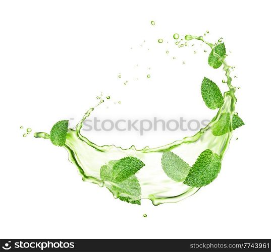 Green herbal tea swirl splash with mint leaves and drops. Menthol, peppermint or matcha realistic vector drink swirl or ripple wave with bubbles and falling splatters, isolated on white. Green herbal tea swirl splash with mint leaves