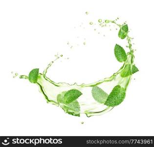 Green herbal tea swirl splash with mint leaves and drops. Menthol, peppermint or matcha realistic vector drink swirl or ripple wave with bubbles and falling splatters, isolated on white. Green herbal tea swirl splash with mint leaves