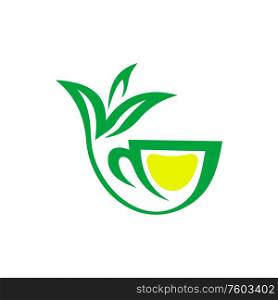 Green herbal tea with lemon isolated logo design. Vector cup of organic hot tea-plant drink. Cup of herbal tea with lemon isolated
