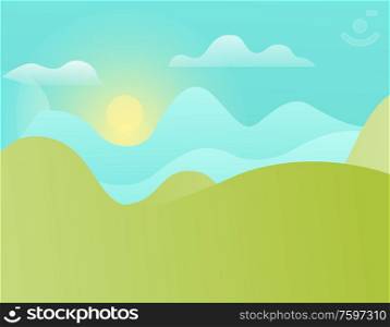 Green hills and blue sky with bright shining sun vector landscape. Spring scenery with mountains color outdoor background in flat design cartoon style. Green Hills and Blue Sky with Shining Sun Vector