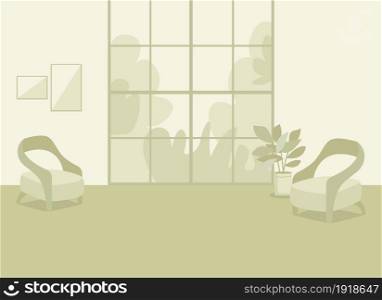 Green home interior flat color vector illustration. Cozy living room. Comfortable lifestyle. Modern apartment with chairs. Residential 2D cartoon apartment with panoramic window on background. Green home interior flat color vector illustration