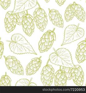 Green hops on white background seamless pattern, hand drawing. Engraved hop cones and leaves, an ingredient for beer production. Pattern with fresh plants for packaging, wallpaper, vector illustration.. Green hops on white background seamless pattern, hand drawing.