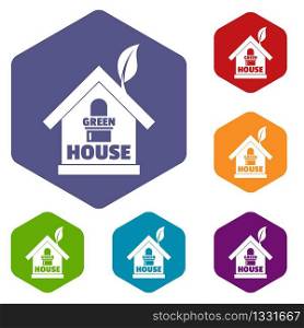 Green house icons vector colorful hexahedron set collection isolated on white . Green house icons vector hexahedron