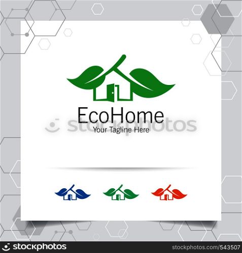 Green house logo design vector with concept of home and leaf icon illustration for real estate, property, residence and mortgage.