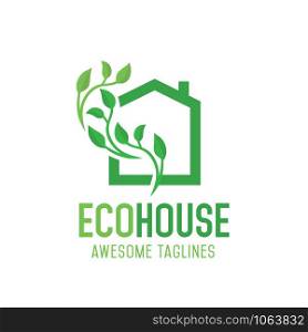 Green house logo vector concept, simple leaf and house vector illustration concept