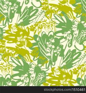 Green hues grass and wild flowers seamless pattern for background, fabric, textile, wrap, surface, web and print design. Decorative hand drawn abstract floral rapport in summer colors.