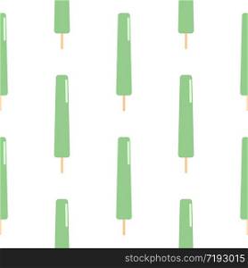 Green ice cream on a wooden stick seamless pattern. Ice lolly in flat style. Frozen popsicles wallpaper on white background. Design for packaging, wrapping paper. Vector illustration. Green ice cream on a wooden stick seamless pattern. Ice lolly in flat style. Frozen popsicles wallpaper