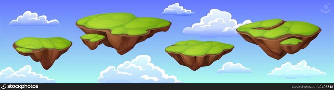 Green islands flying in blue sky with clouds. Vector cartoon illustration of colorful floating game platforms, land pieces hanging in air, fantasy summer landscape, computer gui background design. Green islands flying in blue sky with clouds