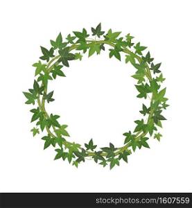 Green ivy circle frame. Wreath of fresh leaves decoration round plant branch with copy space, organic botanical element for decor, natural vine with foliage border vector cartoon isolated illustration. Green ivy circle frame. Wreath of fresh leaves decoration round plant branch with copy space, organic botanical element for decor, natural vine border vector cartoon isolated illustration