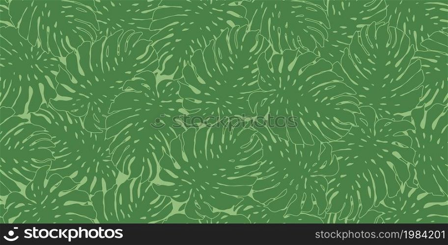 Green jungle leaves seamless pattern. Tropical pattern, monstera palm leaves seamless. Floral background. Exotic hawaiian plants backdrop. Design for fabric, textile, surface, wrapping, cover. Green jungle leaves seamless pattern. Tropical pattern, monstera palm leaves seamless.