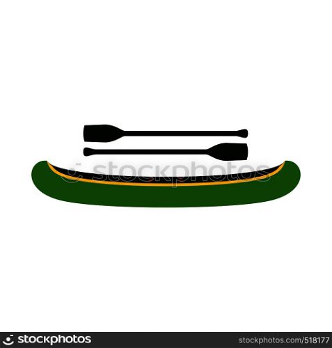 Green kayak with oars icon in flat style isolated on white background. Green kayak with oars icon, flat style