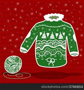 Green knitted christmas sweater and a ball of yarn on red background. Green knitted christmas sweater and a ball of yarn