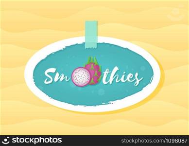 Green label smoothie pitaya fruit shake vector illustration. Hand drawn sign Smoothie on green background in white frame on smoothies drink cocktail sticker for offer sign or shop decoration design,. Green label smoothie pitaya fruit shake logo design